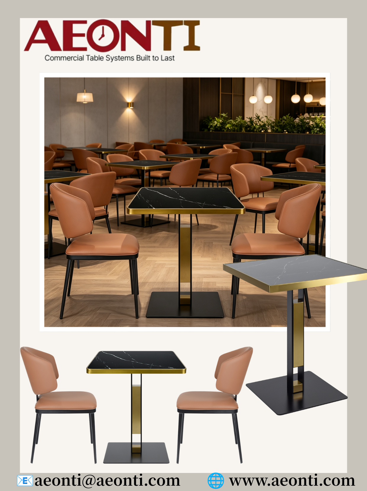 AEONTI luxury black gold square commercial table base dining set, sintered stone tabletop with leather chairs for cafe western restaurant hotel project B2B wholesale furniture poster