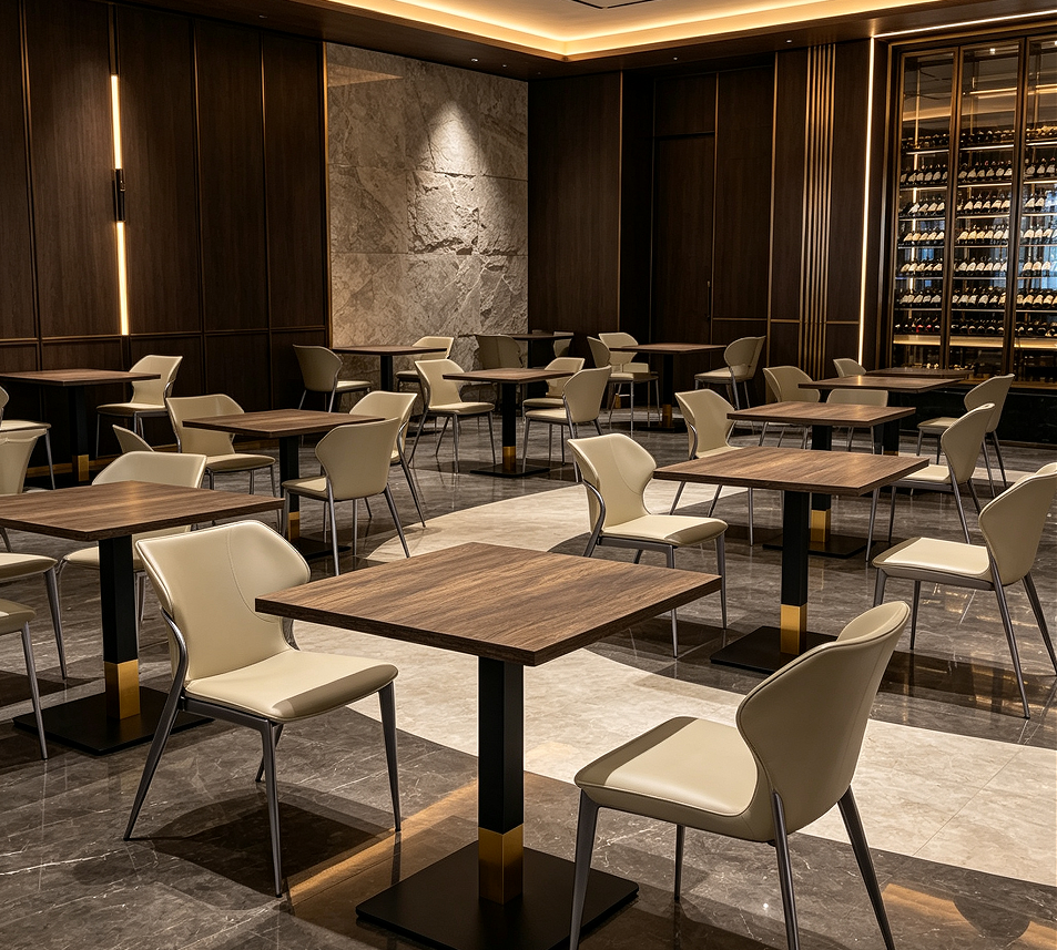Modern restaurant dining sets with smooth metal table legs and beige leather chairs