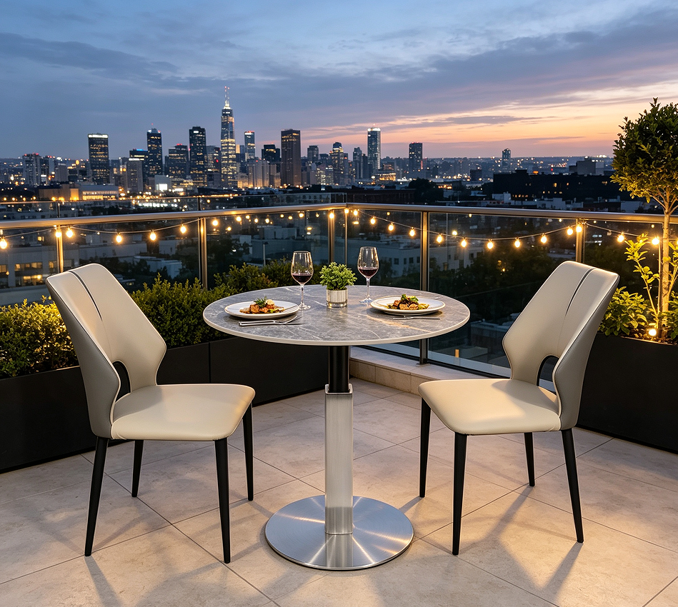 Rooftop outdoor dining set with sintered stone table and leather chairs