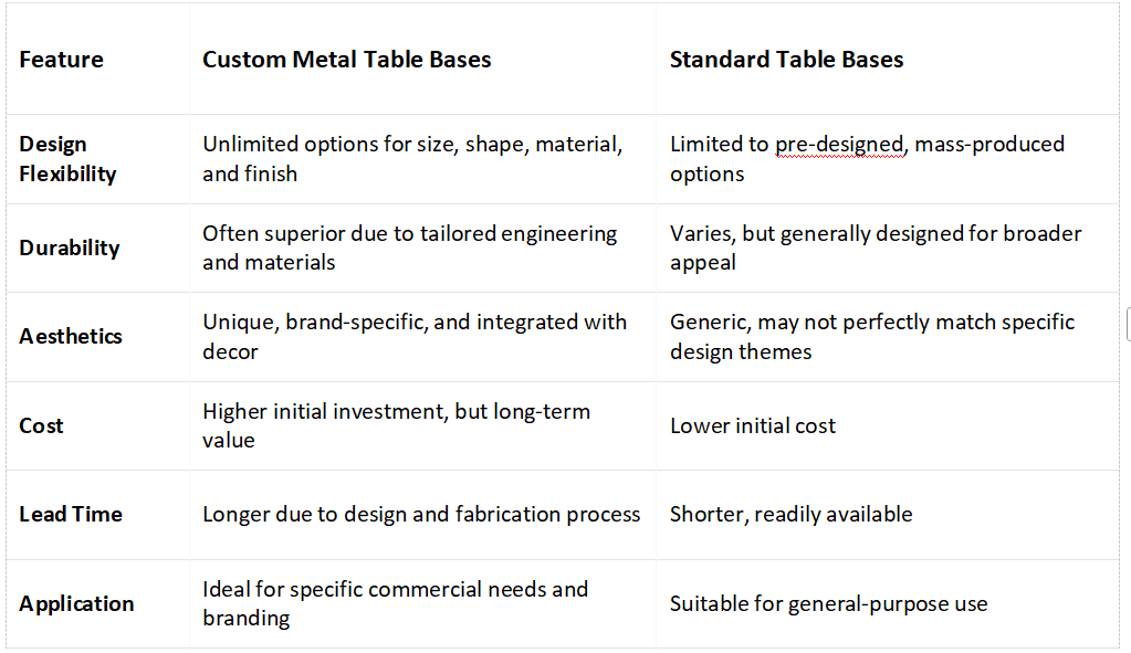 Comparison table of custom metal table bases vs standard table bases for commercial furniture