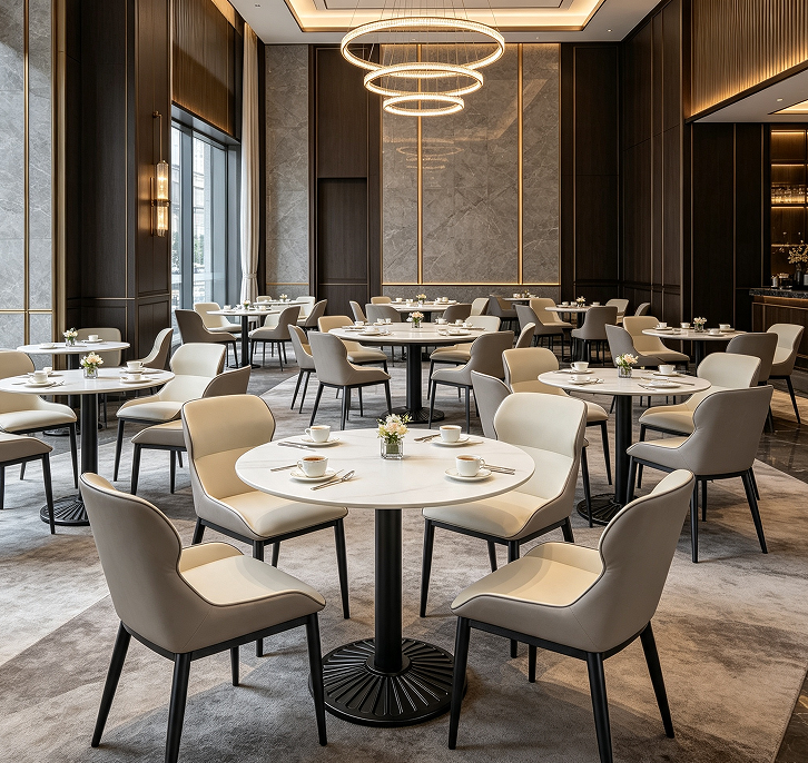 Cafe and restaurant tables in use