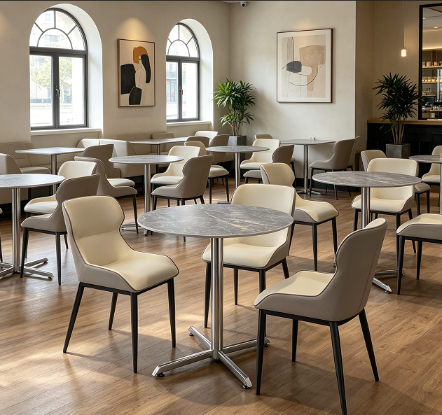 Grey sintered stone round dining set for hotel cafe
