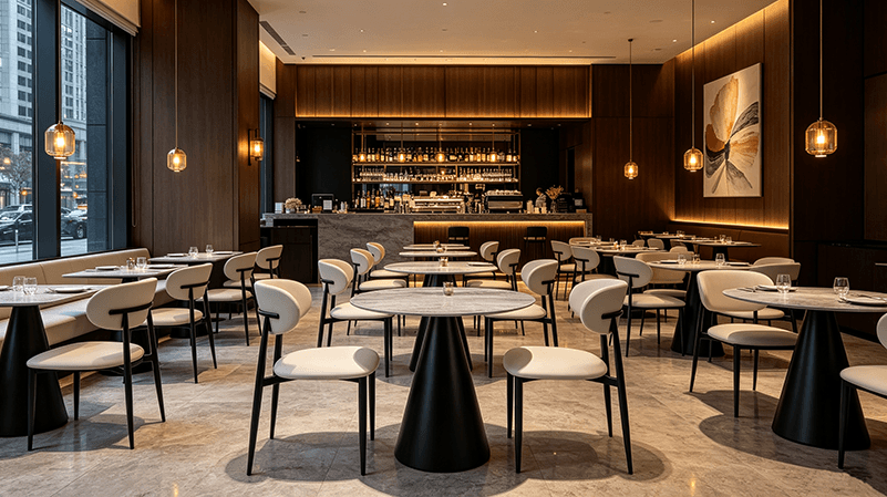 Fine dining restaurant tables on commercial table bases