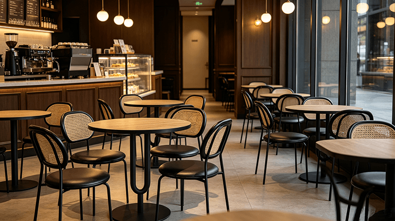 Commercial dining tables and chairs in different restaurant applications