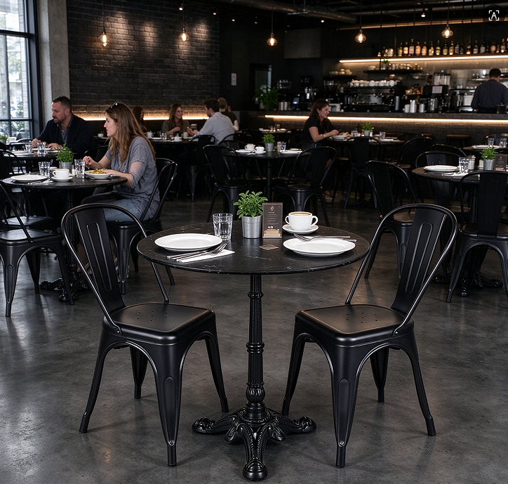 Industrial cafe interior with black metal dining chairs and round bistro table