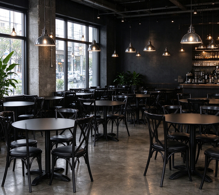 Commercial dining tables in a modern café and restaurant