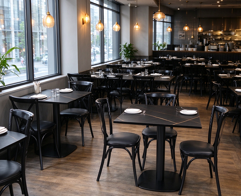 Restaurant dining area with commercial tables on sturdy table bases