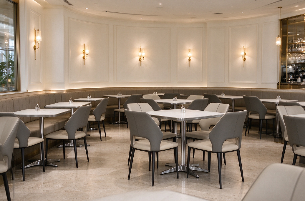Restaurant interior with metal table bases and sintered stone  tops