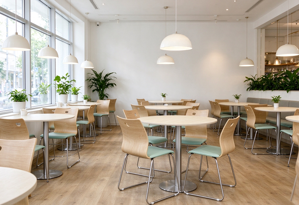 Cafe interior with sintered stone commercial tables