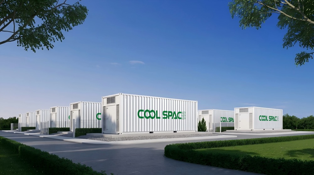 Row of standardized CoolSpace hydro-cooling containers deployed on a prepared outdoor site