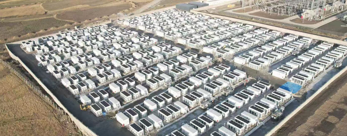 Aerial view of container rows deployed on open ground