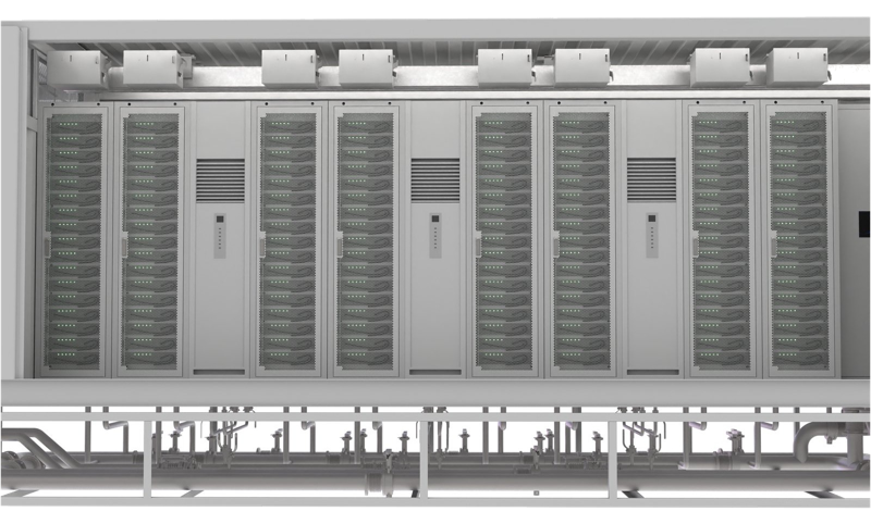 Inside the CoolBase 40HQ IT pod: 8 high-density server cabinets with hydro/air cooling distribution