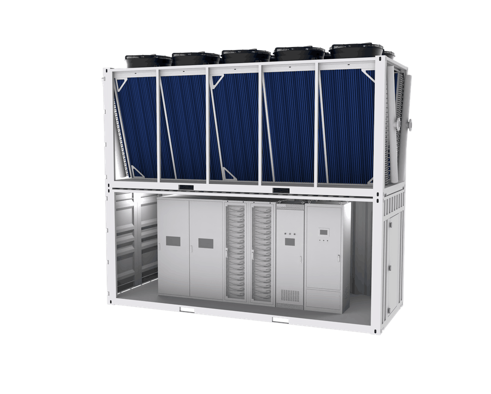 CoolBase-270A/W 20-foot stacked outdoor AIDC unit: cooling radiators and fans above, integrated IT pod below