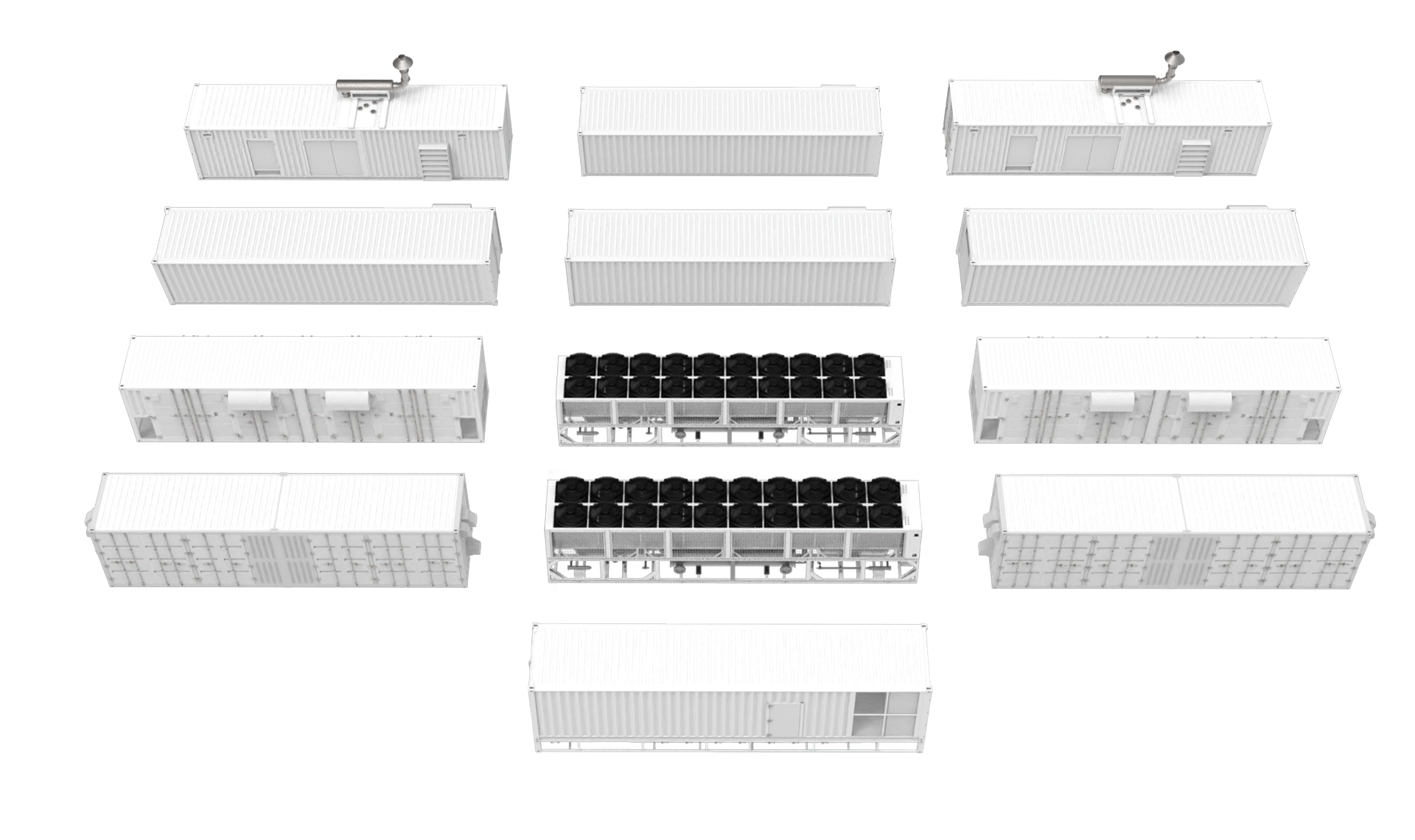 Module-by-module view of the CoolBase 1080A/W 2N system, showing IT pod, cooling plant, power modules, and operations cabin