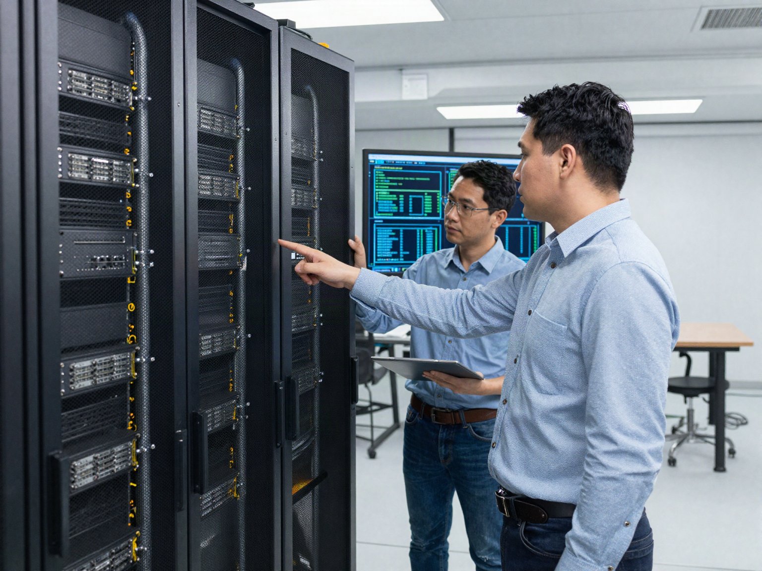 Engineers commissioning hydro-cooled accelerator platform racks inside a CoolSpace modular data center