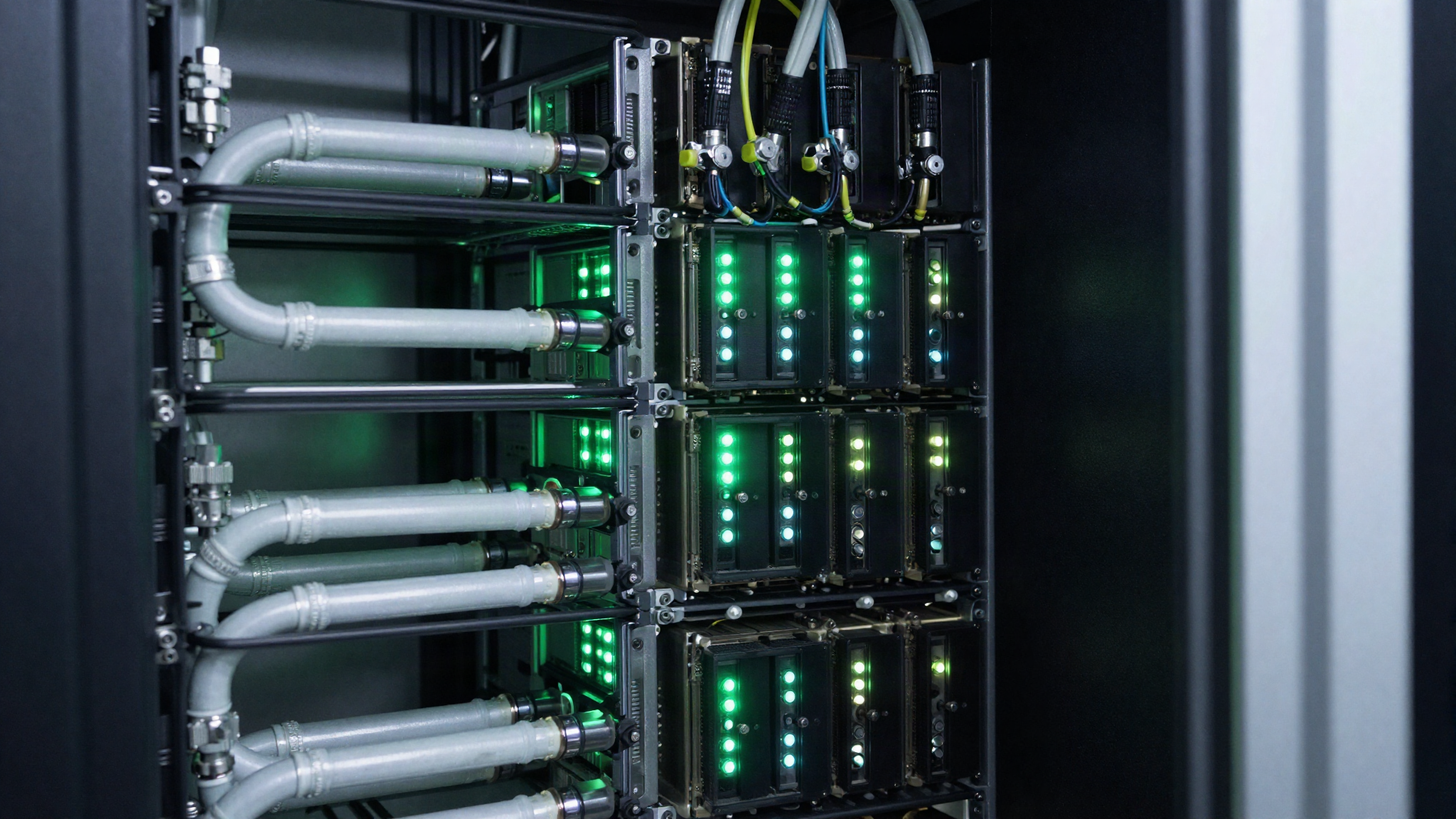 High-density GPU rack with hydro-cooling manifolds inside CoolSpace modular block