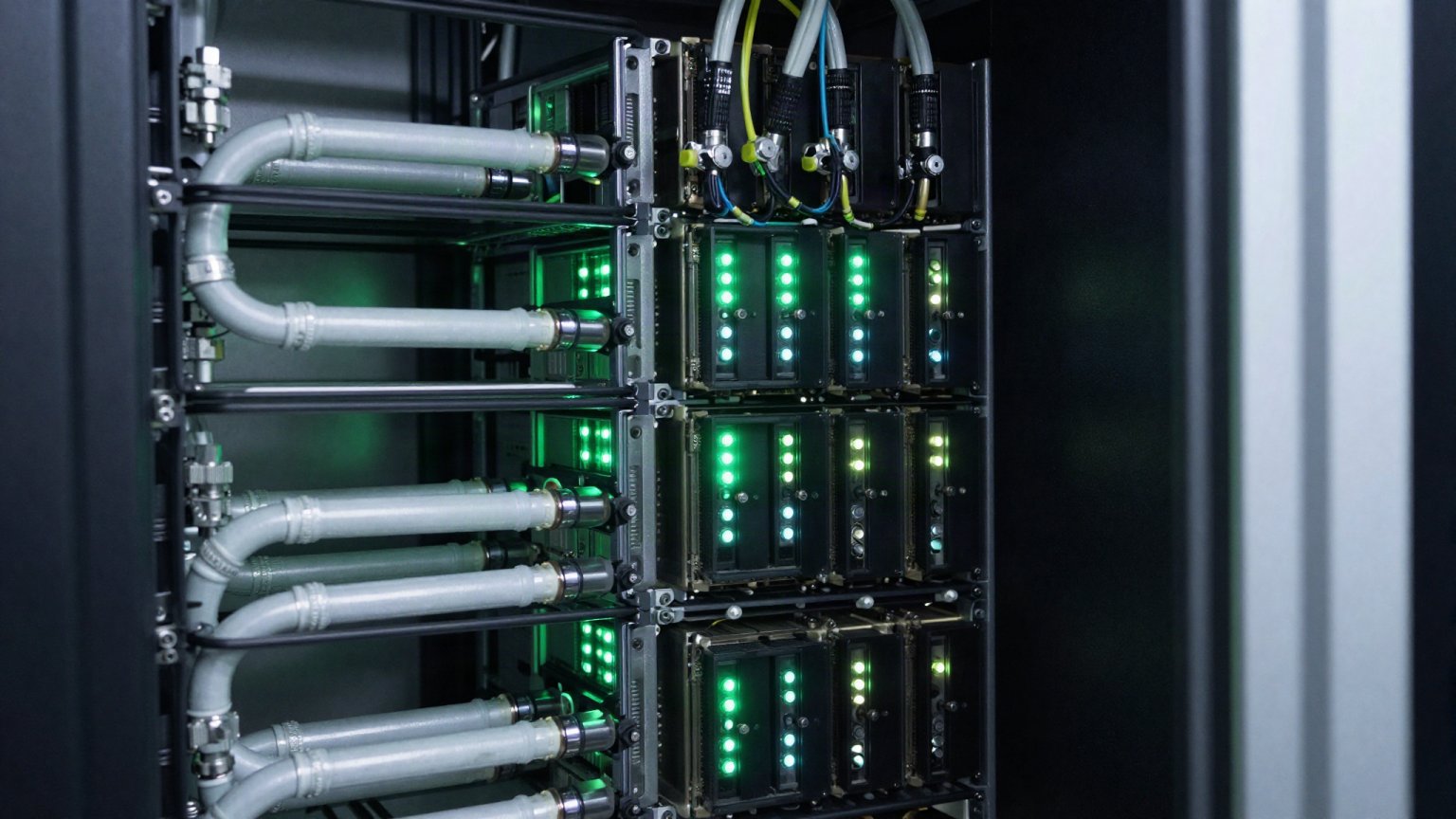 High-density GPU rack with hydro-cooling manifolds inside CoolSpace modular block