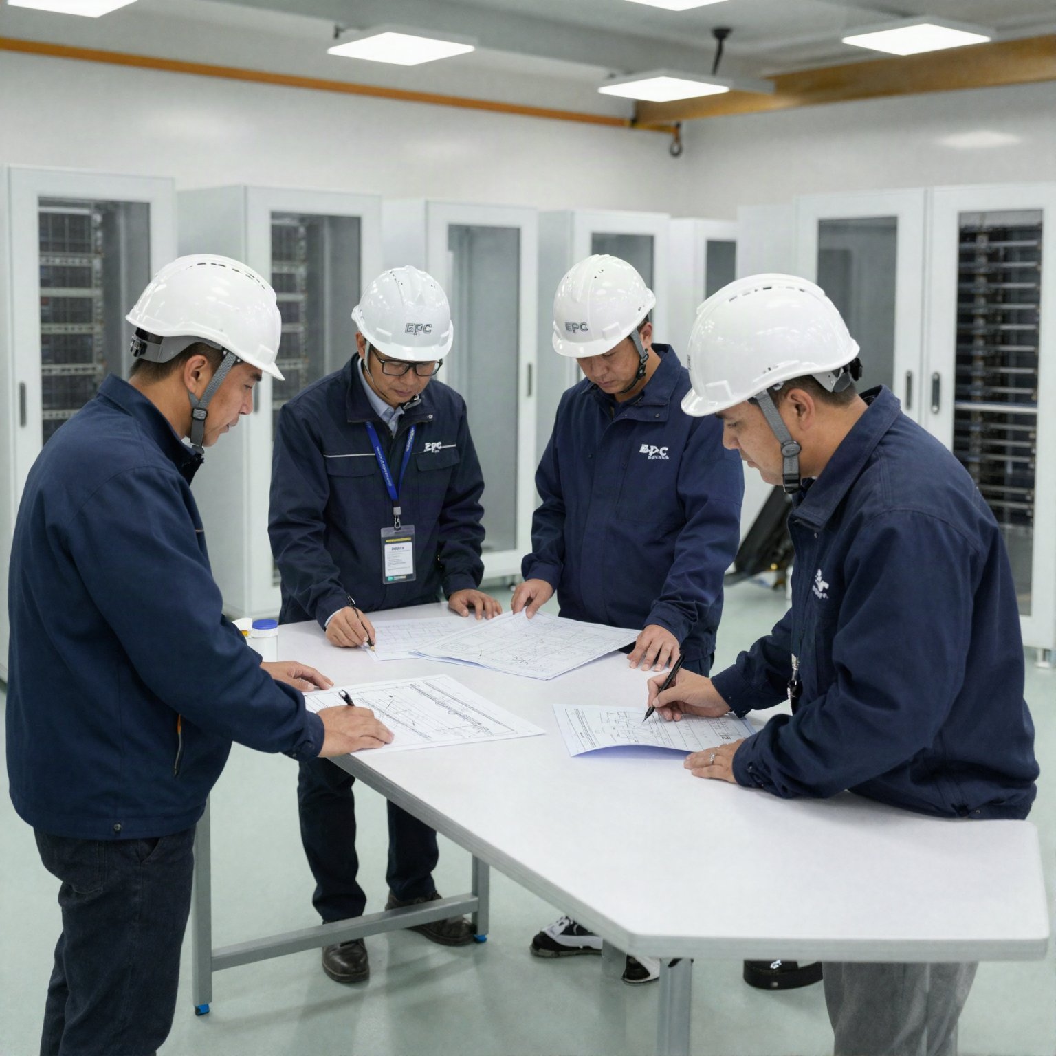 CoolSpace EPC team reviewing technical drawings in a modular data center prefabrication facility