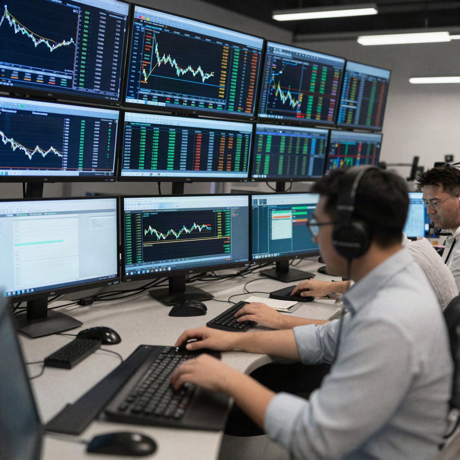Network operations center with trading system metrics and real-time market data feeds