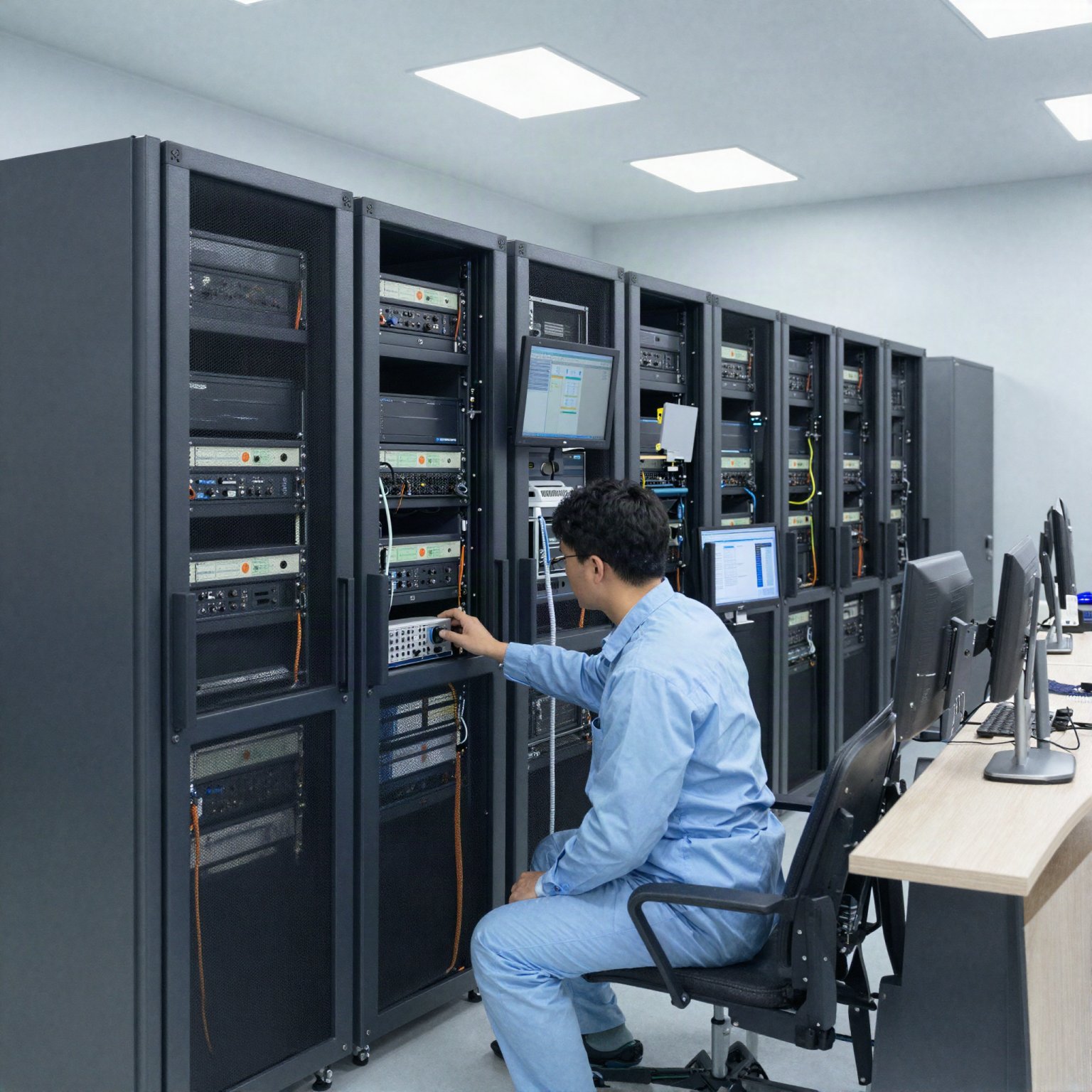 Hospital IT room with compact server racks and monitoring screens