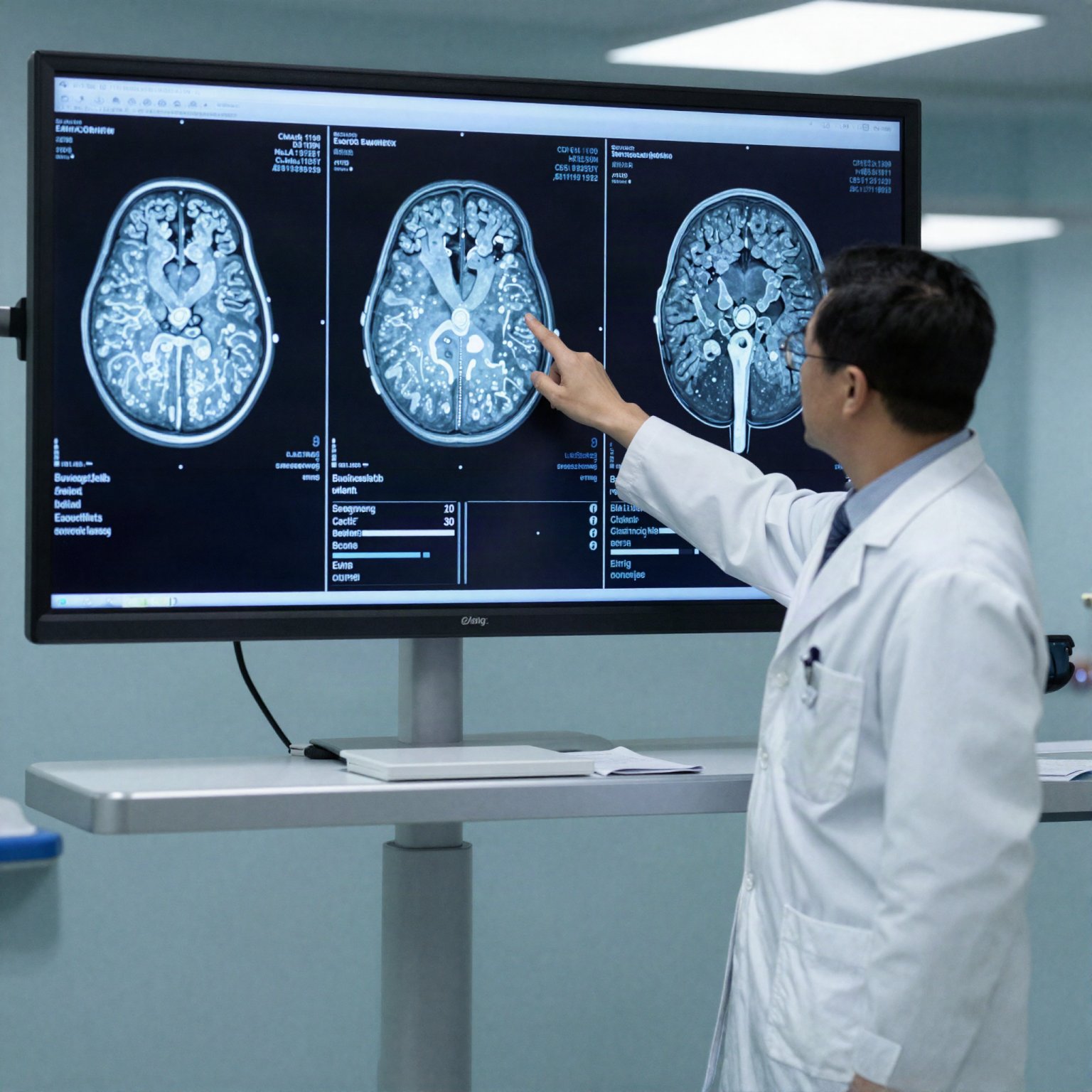 Radiologist reviewing AI-assisted medical imaging on a diagnostic display