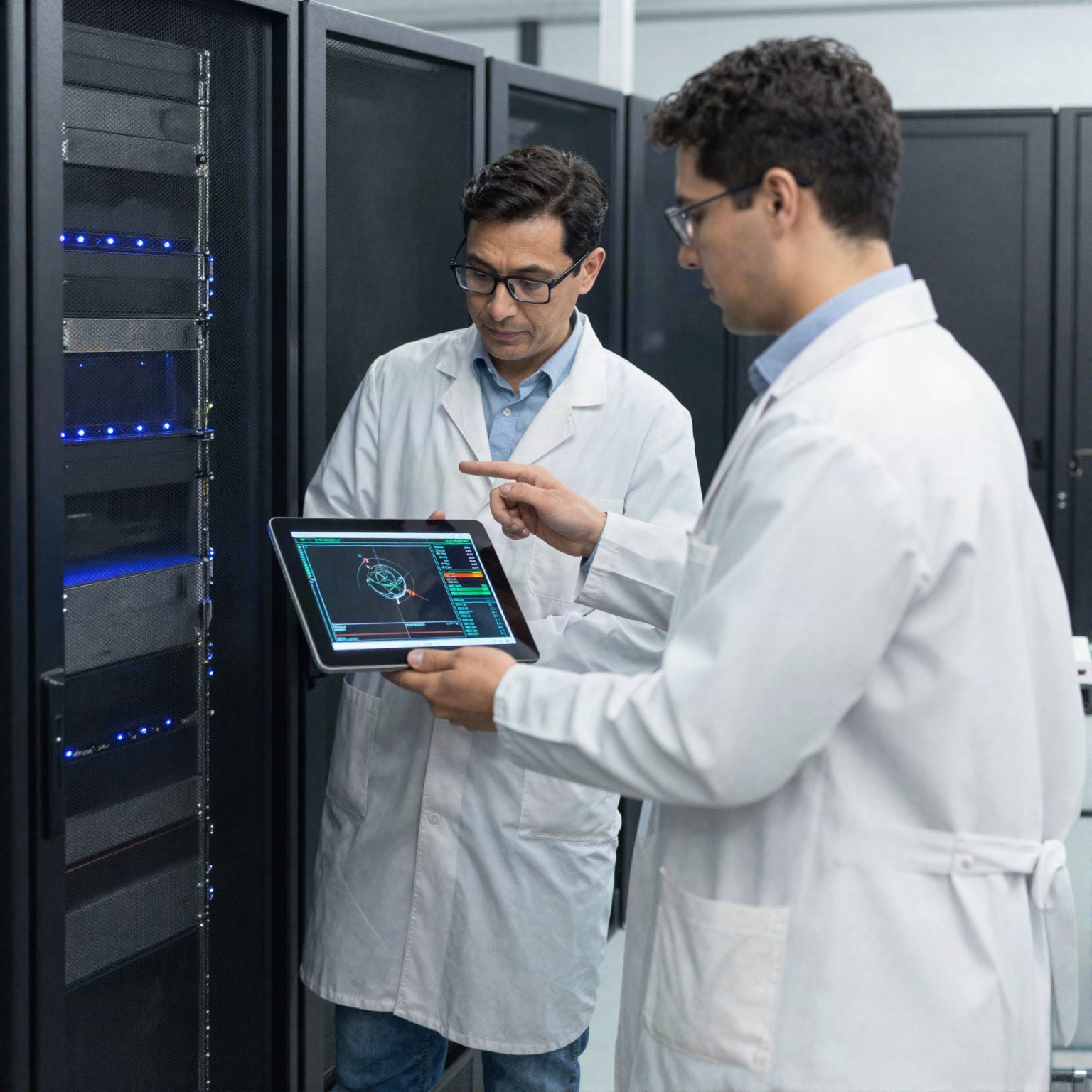 Research scientist and engineer reviewing simulation results on a tablet in front of a server rack system