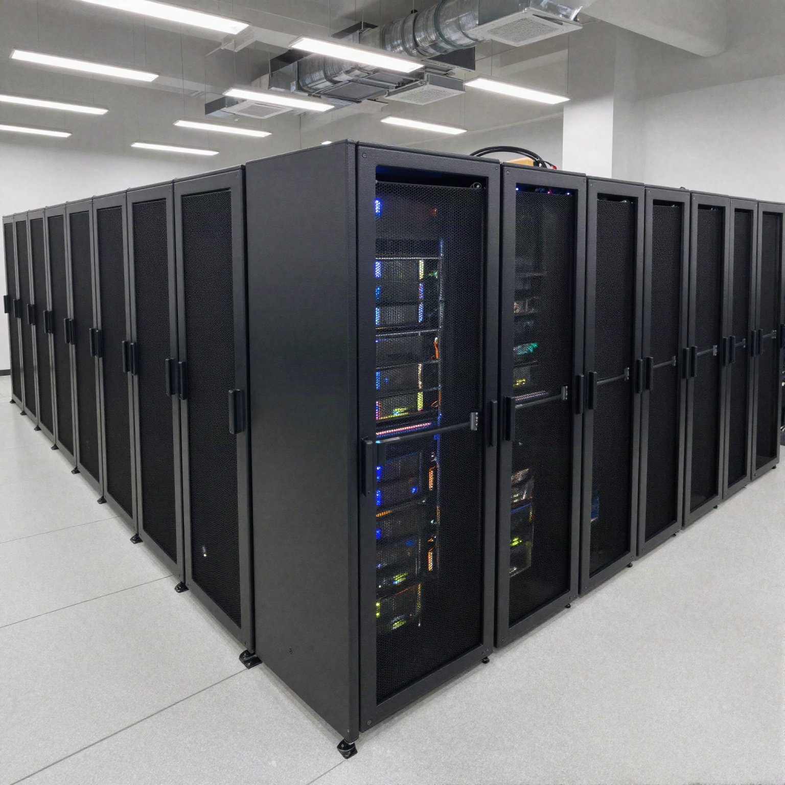 Modern university supercomputing center with high-density server racks and cooling pipes