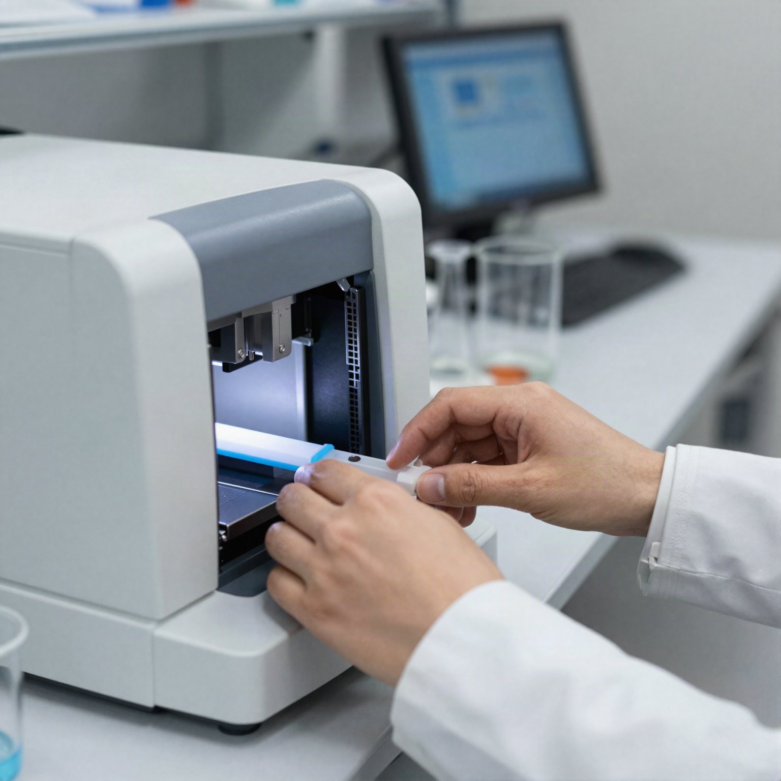 Scientist operating a genomics sequencing instrument in a research laboratory