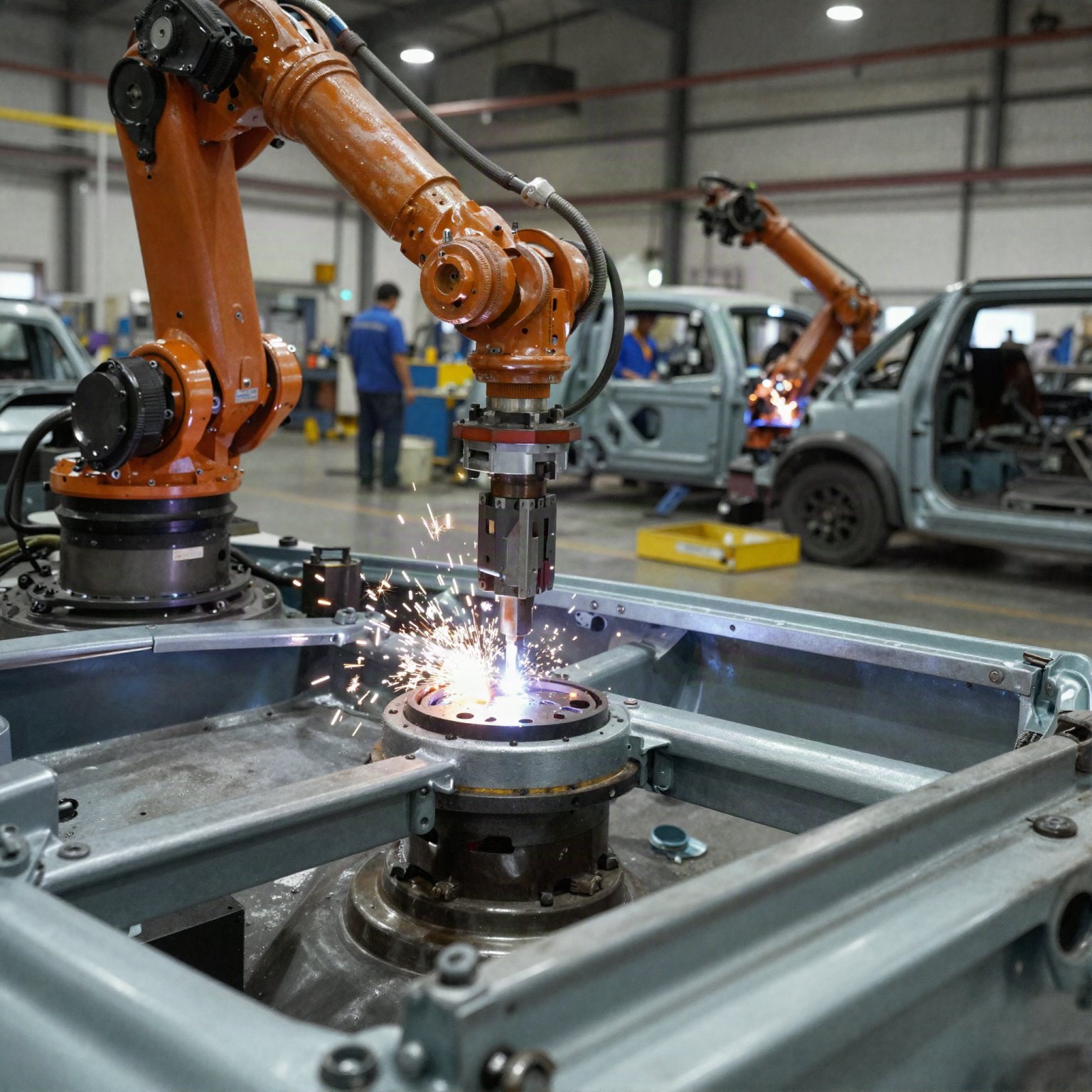 Industrial robotic arm performing precision welding on a vehicle chassis