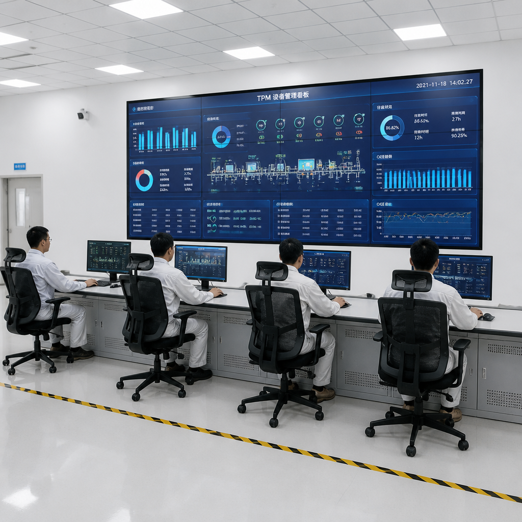 Smart factory control room with digital monitoring displays and manufacturing engineers