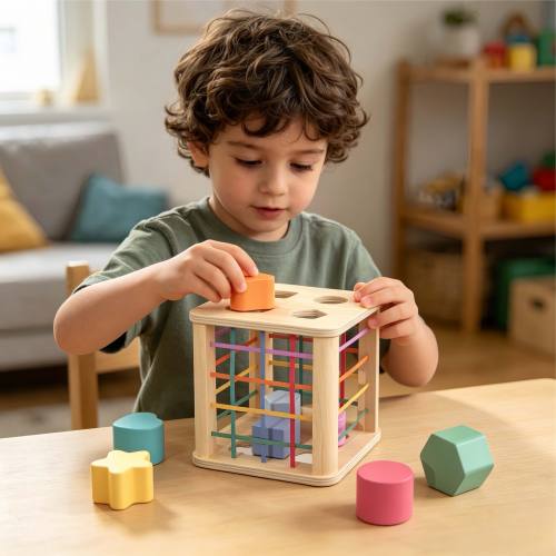 Custom Wooden Shape Sorter Cube with Sensory Blocks Montessori Toy for Toddlers