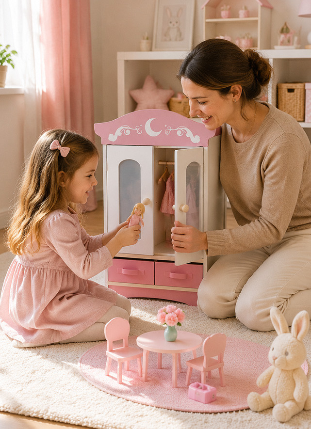 Little girl deeply engaged in dollhouse play, developing creativity and fine motor skills