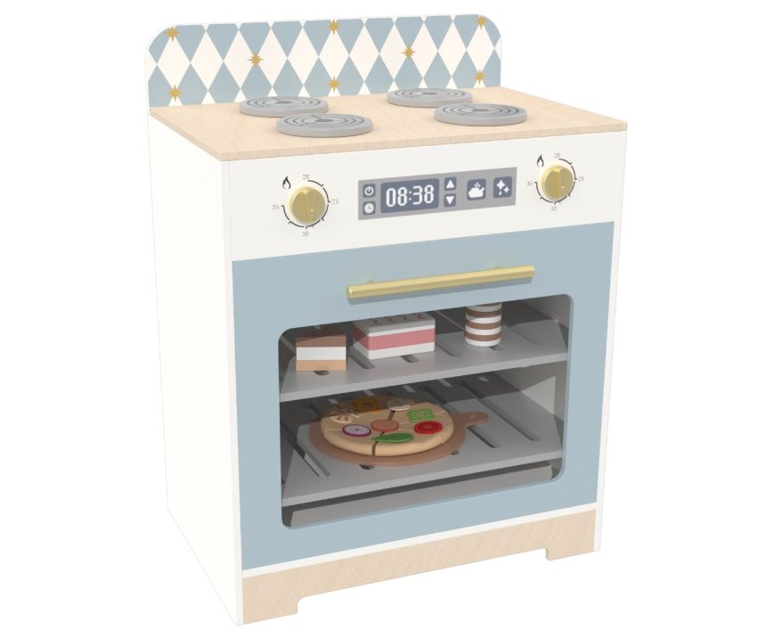 Wooden toy stove and oven, 45 x 30 x 60 cm, four burners, gold knobs and see-through oven door