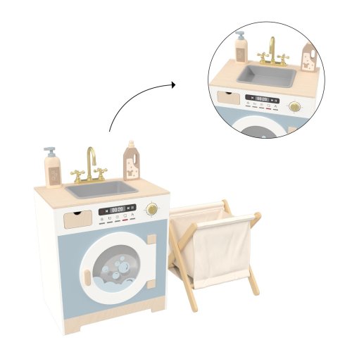 Custom Nordic Blue Wooden Pretend Play Laundry Set with Laundry Basket
