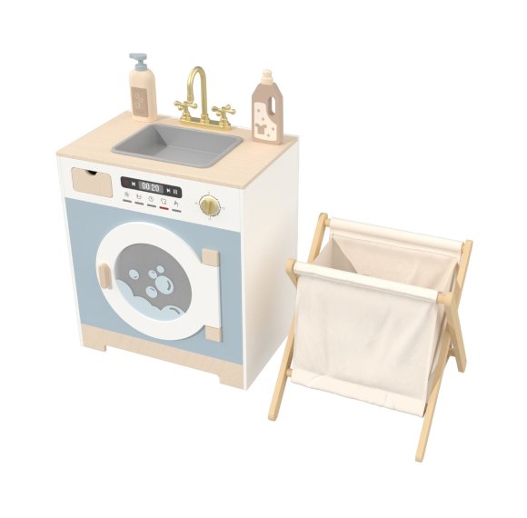 Custom Nordic Blue Wooden Pretend Play Laundry Set with Laundry Basket