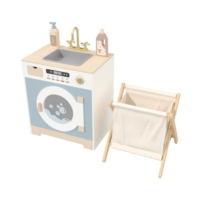 Custom Nordic Blue Wooden Pretend Play Laundry Set with Laundry Basket