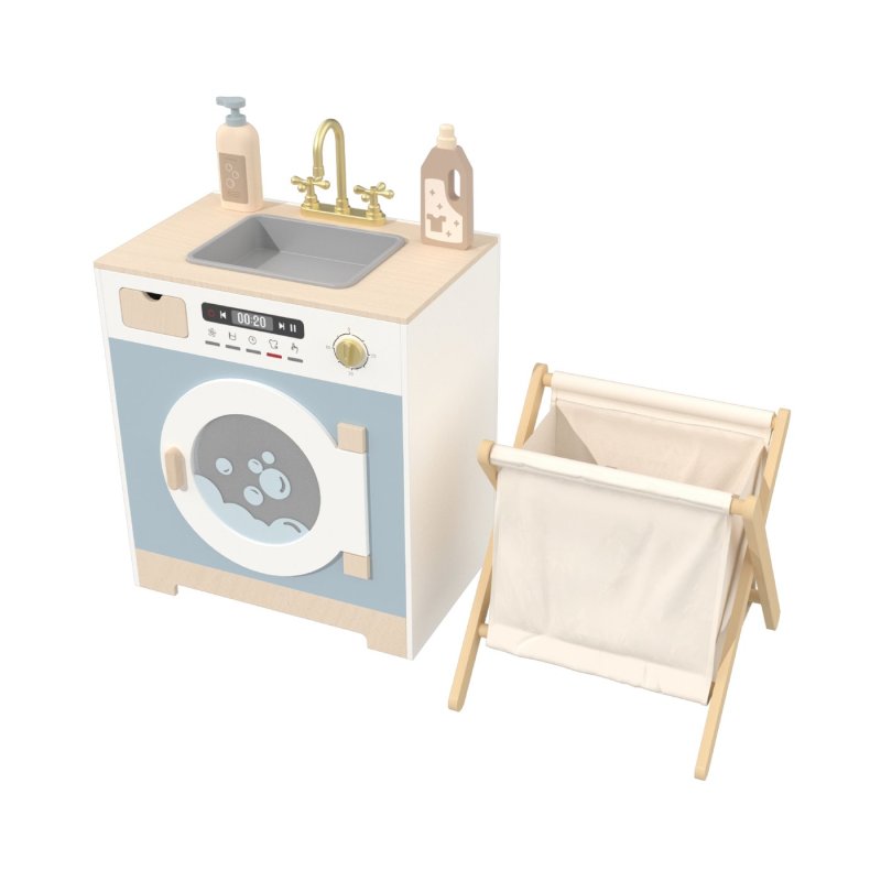 Custom Nordic Blue Wooden Pretend Play Laundry Set with Laundry Basket