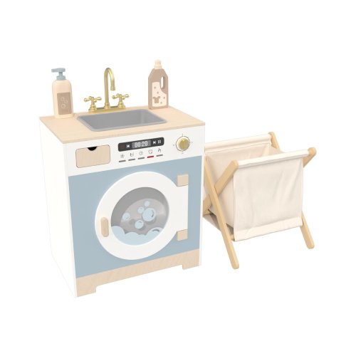 Custom Nordic Blue Wooden Pretend Play Laundry Set with Laundry Basket