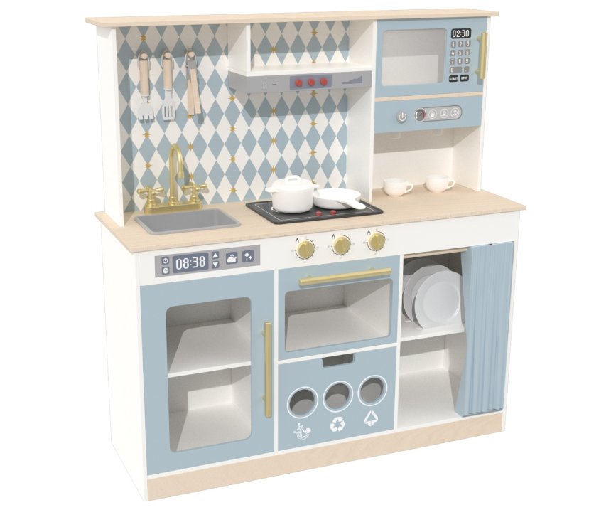 Nordic blue wooden play kitchen with sink, stove, oven and recycling sorter, 90 x 30 x 96 cm, with diamond back panel