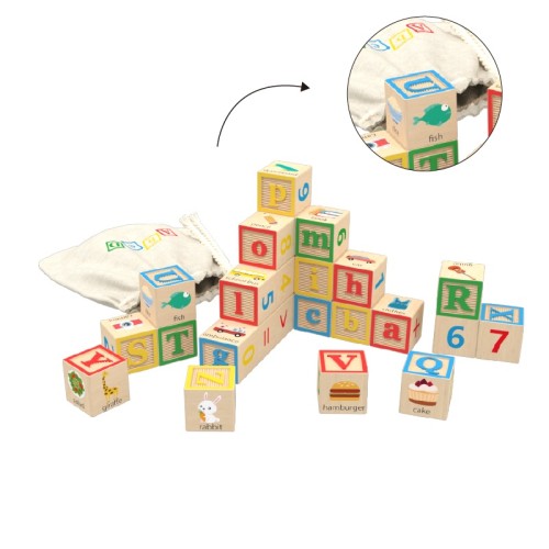 Custom Nordic Wooden ABC Blocks Letter Recognition Cube Set 26 Pieces Educational Toy