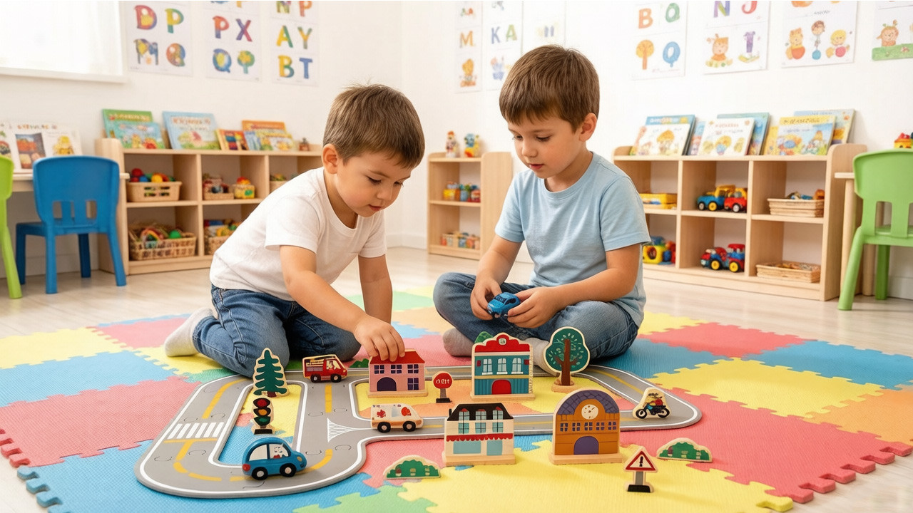 Children playing with wooden blocks together