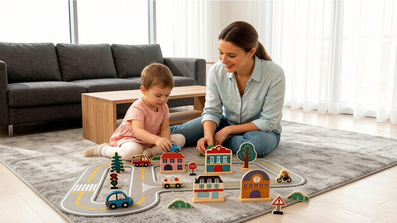 Child playing track  puzzle