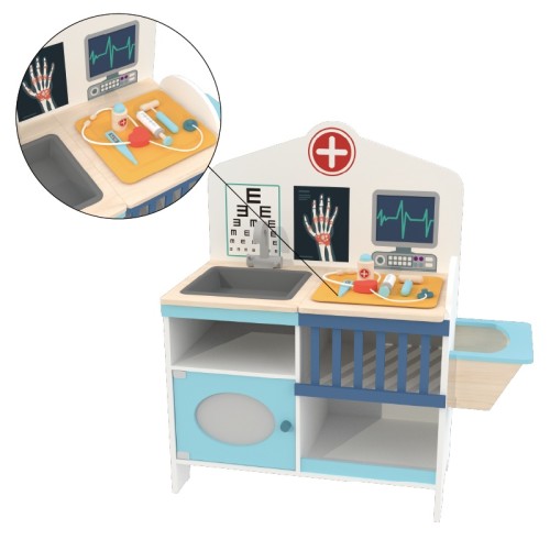 Custom Wooden Doctor Play Station with Medical Kit, Sink, Patient Bed & Storage Cabinet for Kids