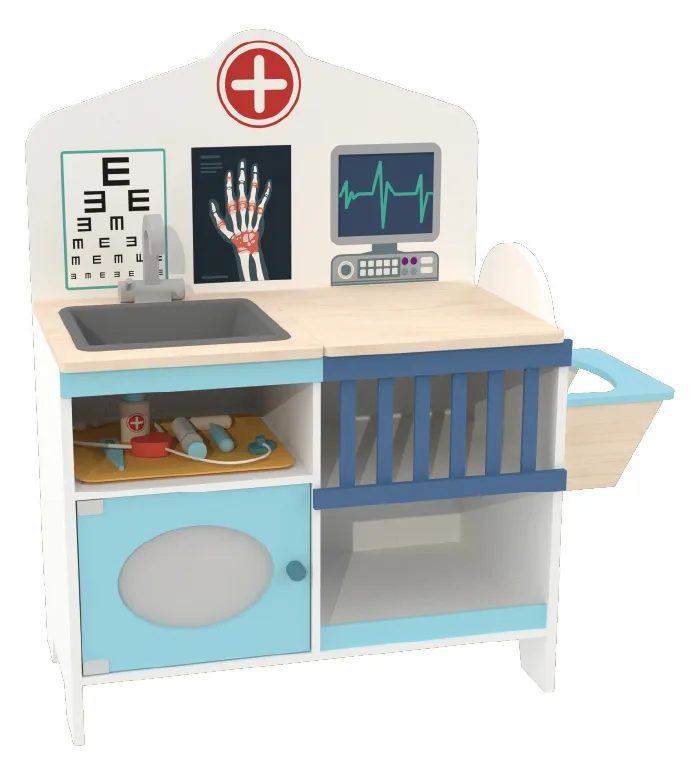 Wooden doctor play station with sink patient bed and storage