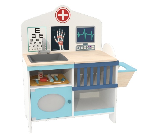 Custom Wooden Doctor Play Station with Medical Kit, Sink, Patient Bed & Storage Cabinet for Kids