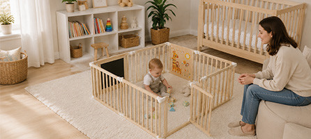 Toddler playing safely inside wooden playpen