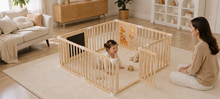 Baby crawling near wooden playpen with open gate