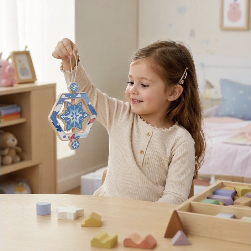 Wooden snowflake ornament in nursery setting