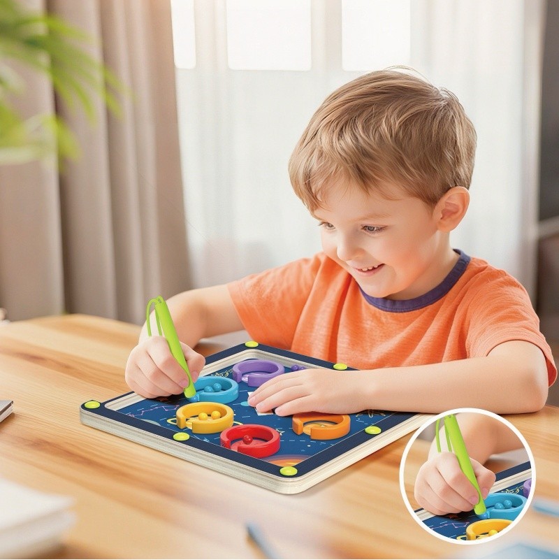 Child playing with space planet magnetic bead maze board