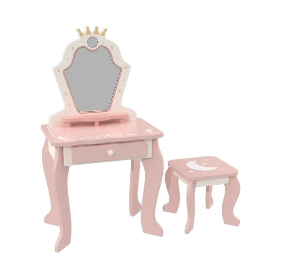Custom Princess Crown Star Moon Wooden Vanity Dressing Table & Stool Set for Kids Pretend Play